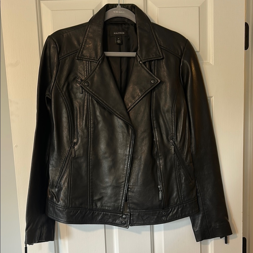 Black Halogen Genuine Leather biker Jacket for Women
